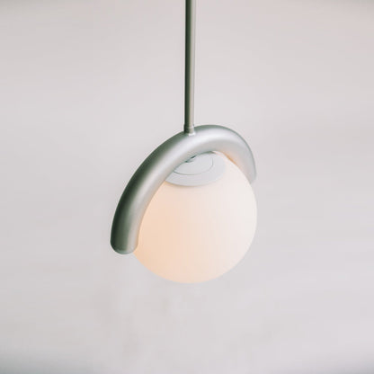 Modern Linear Chandelier with Curved Metal Frame & Glass Sphere – Art Nouveau Pendant Light for Dining Room