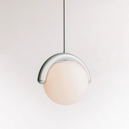 Modern Linear Chandelier with Curved Metal Frame & Glass Sphere – Art Nouveau Pendant Light for Dining Room