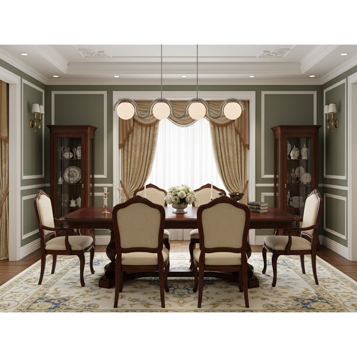 Modern Linear Chandelier with Curved Metal Frame & Glass Sphere – Art Nouveau Pendant Light for Dining Room
