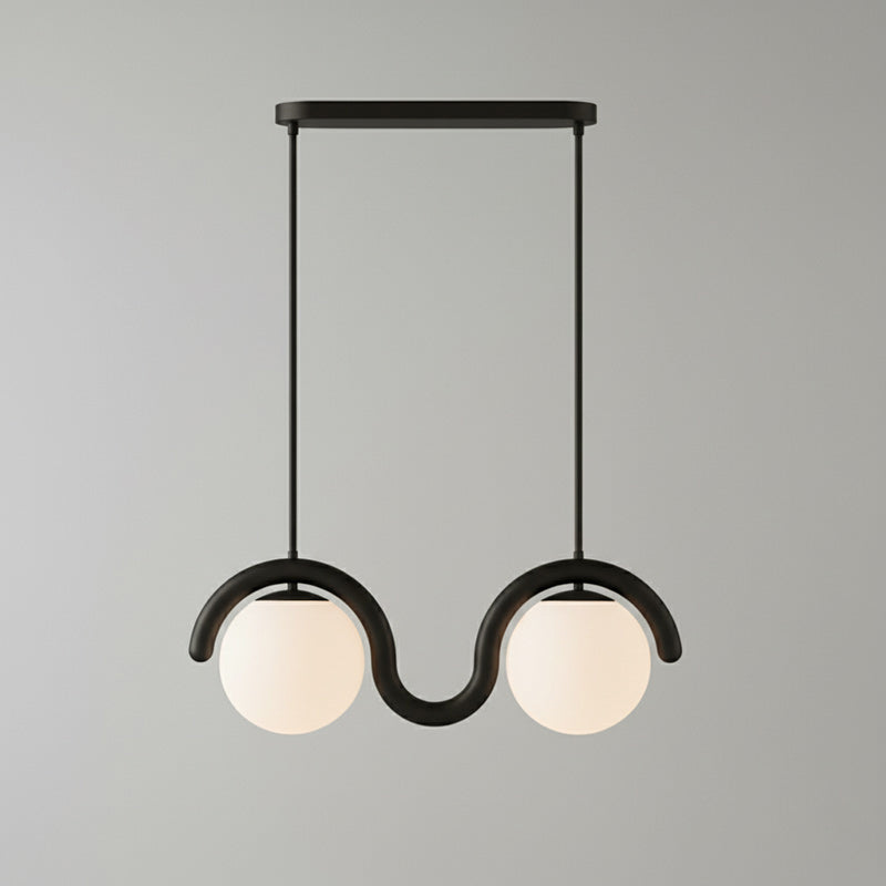 Modern Linear Chandelier with Curved Metal Frame & Glass Sphere – Art Nouveau Pendant Light for Dining Room