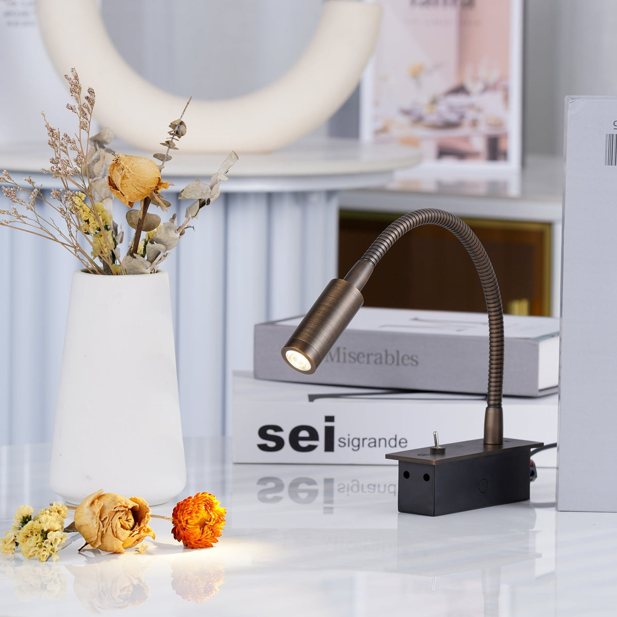 Flexible Gooseneck LED Reading Sconce 14 in Aluminum Indoor Wall Light for Bedroom Hallway Study Modern Task Lighting Push Button Switch