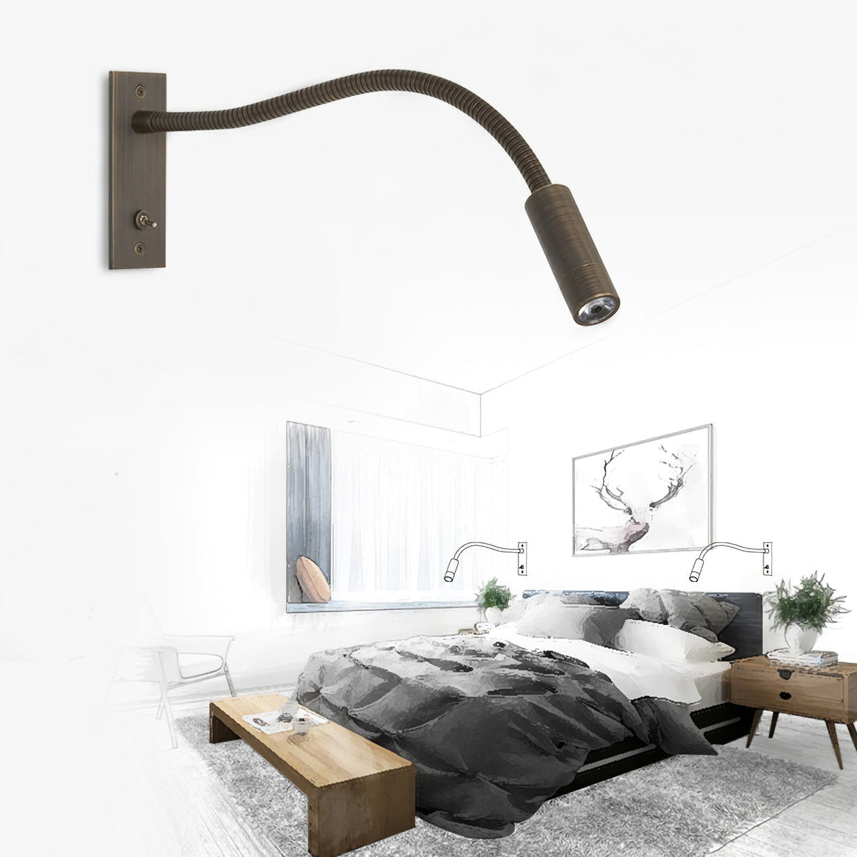 Flexible Gooseneck LED Reading Sconce 14 in Aluminum Indoor Wall Light for Bedroom Hallway Study Modern Task Lighting Push Button Switch