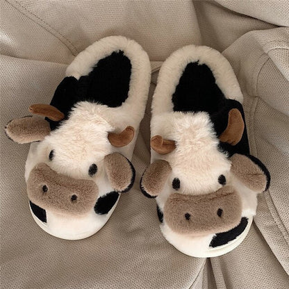 Women's Plush Cow House Slippers with Non-Slip Sole – Cozy Animal Design Indoor Footwear for Fall & Winter