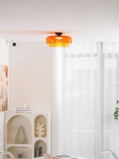 Tiered LED Flush Mount Light 16.5 in Glass Metal Indoor Fixture for Bedroom Living Room Low Ceilings Adjustable Color Temperature 3000K 4000