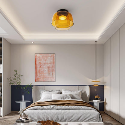 Tiered LED Flush Mount Light 16.5 in Glass Metal Indoor Fixture for Bedroom Living Room Low Ceilings Adjustable Color Temperature 3000K 4000