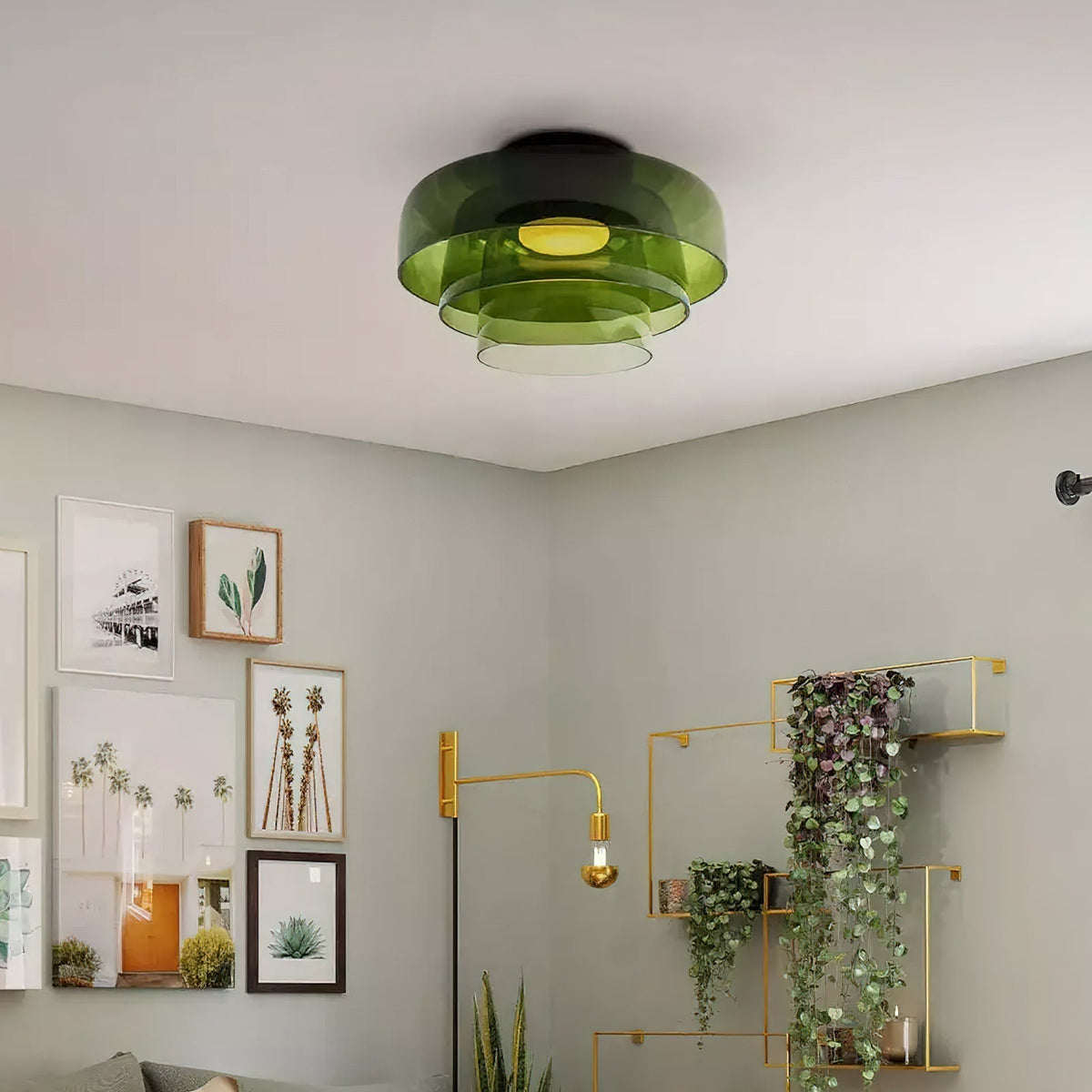 Tiered LED Flush Mount Light 16.5 in Glass Metal Indoor Fixture for Bedroom Living Room Low Ceilings Adjustable Color Temperature 3000K 4000