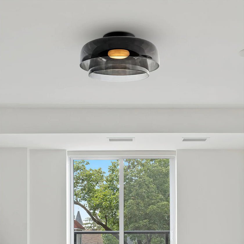 Tiered LED Flush Mount Light 16.5 in Glass Metal Indoor Fixture for Bedroom Living Room Low Ceilings Adjustable Color Temperature 3000K 4000