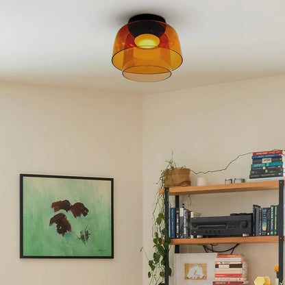 Tiered LED Flush Mount Light 16.5 in Glass Metal Indoor Fixture for Bedroom Living Room Low Ceilings Adjustable Color Temperature 3000K 4000