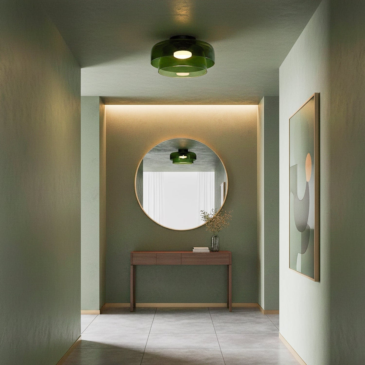 Multi-Tier Glass LED Overhead Light 13–16 Inch Green for Bedroom Living Room Hallway Contemporary Flush Mount Fixture 10W Dimmable