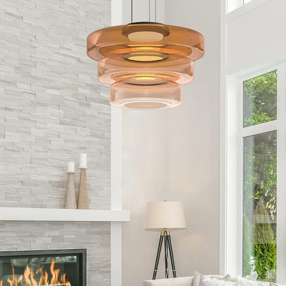 Tiered Glass Pendant Ceiling Fixture LED Multi-Level Hanging Light for Kitchen Island Dining Room Modern Layered Chandelier Adjustable Heigh