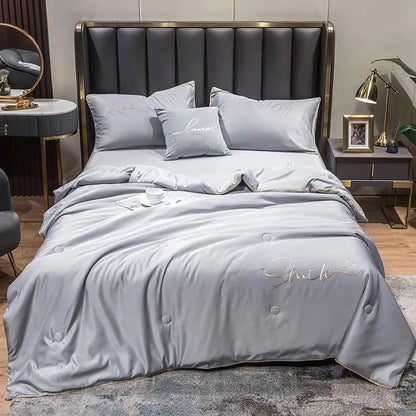 Lightweight Summer Quilt Set | 100% Washed Silk with Elegant Embroidered Design | Comfortable Cooling for Warm Nights