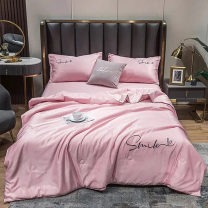 Lightweight Summer Quilt Set | 100% Washed Silk with Elegant Embroidered Design | Comfortable Cooling for Warm Nights