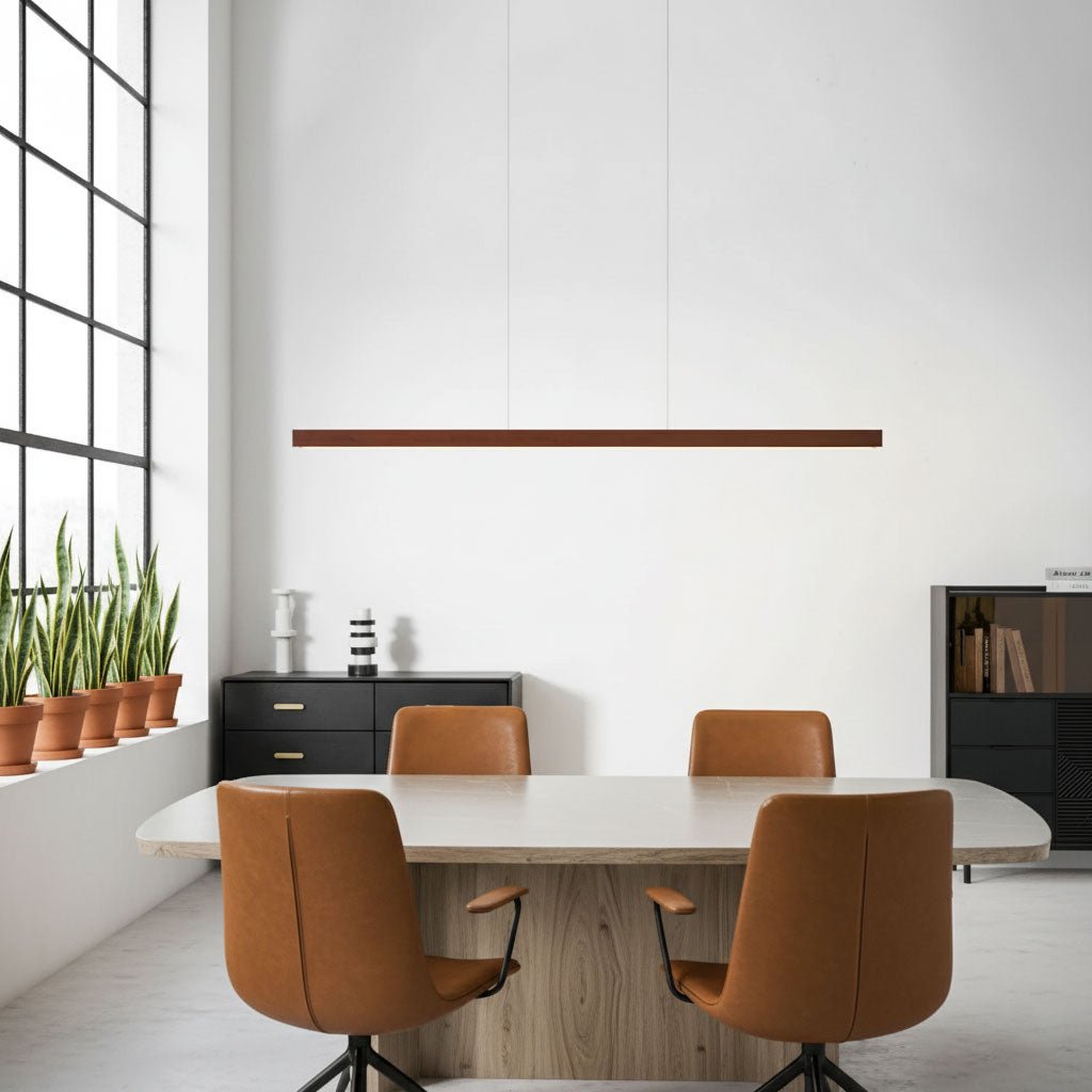 Linear Wooden Overhead Fixture Built-In LED Dining Room Kitchen Island Suspended Beam Natural Finish Adjustable Cables Contemporary Home Lig