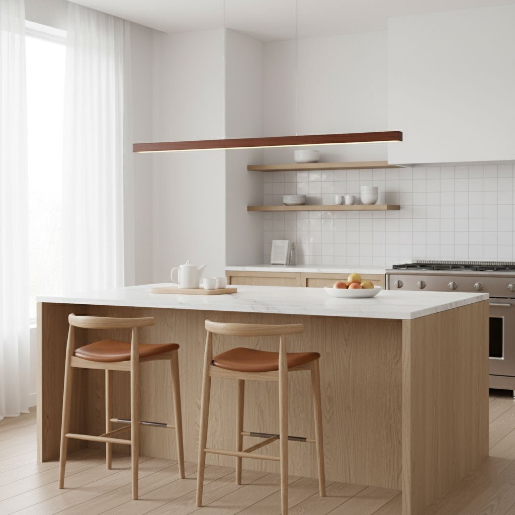 Linear Wooden Overhead Fixture Built-In LED Dining Room Kitchen Island Suspended Beam Natural Finish Adjustable Cables Contemporary Home Lig