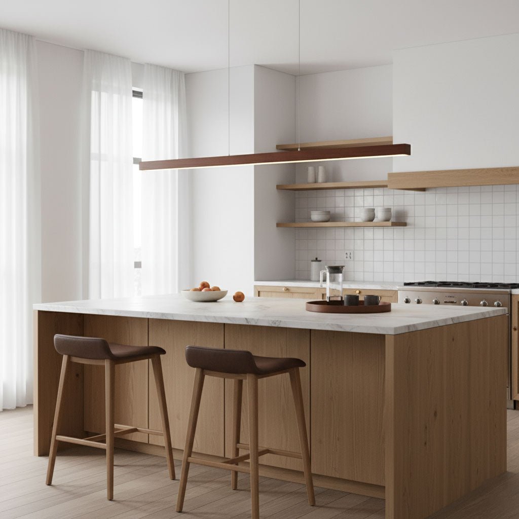 Linear Wooden Overhead Fixture Built-In LED Dining Room Kitchen Island Suspended Beam Natural Finish Adjustable Cables Contemporary Home Lig