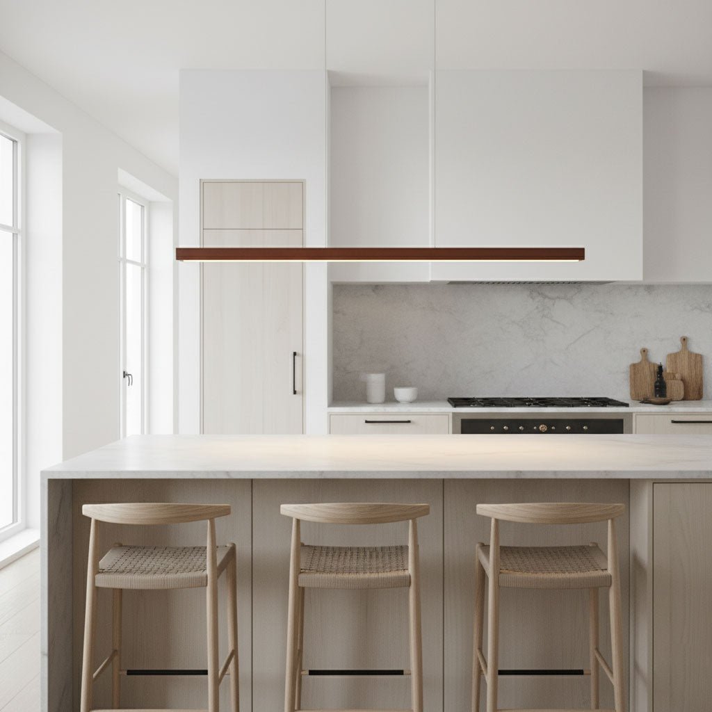 Linear Wooden Overhead Fixture Built-In LED Dining Room Kitchen Island Suspended Beam Natural Finish Adjustable Cables Contemporary Home Lig