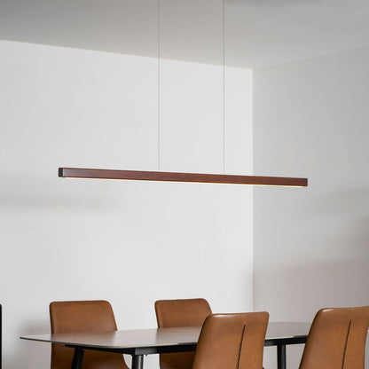 Linear Wooden Overhead Fixture Built-In LED Dining Room Kitchen Island Suspended Beam Natural Finish Adjustable Cables Contemporary Home Lig