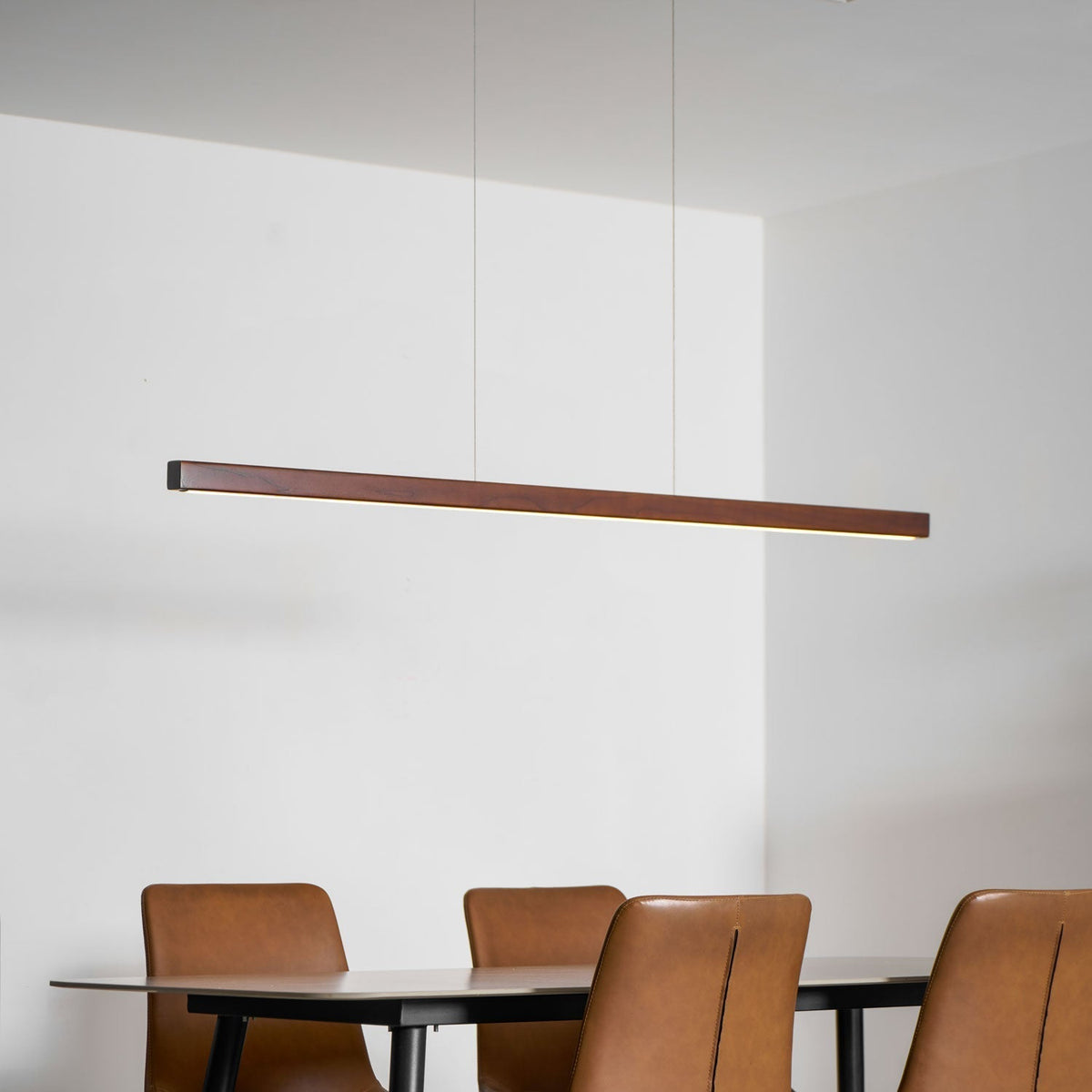 Linear Wooden Overhead Fixture Built-In LED Dining Room Kitchen Island Suspended Beam Natural Finish Adjustable Cables Contemporary Home Lig