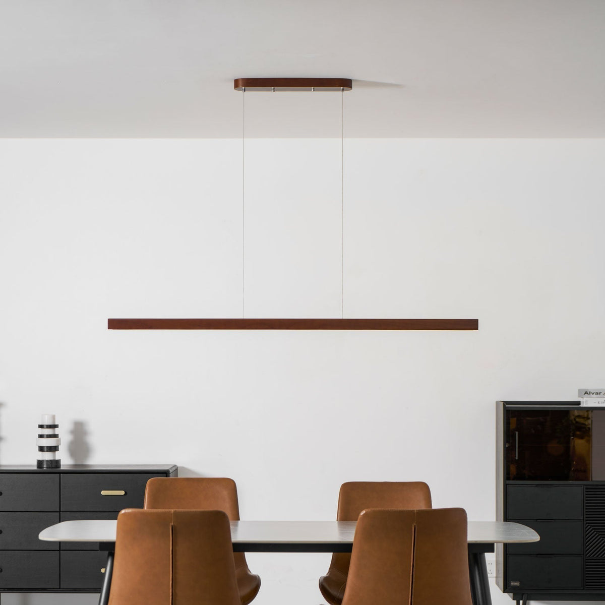 Linear Wooden Overhead Fixture Built-In LED Dining Room Kitchen Island Suspended Beam Natural Finish Adjustable Cables Contemporary Home Lig