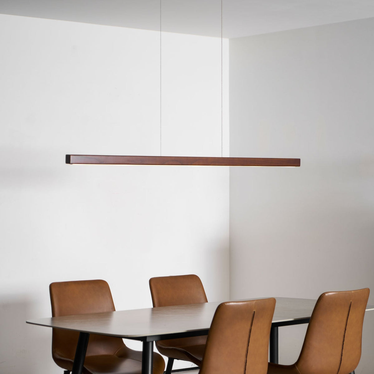 Linear Wooden Overhead Fixture Built-In LED Dining Room Kitchen Island Suspended Beam Natural Finish Adjustable Cables Contemporary Home Lig