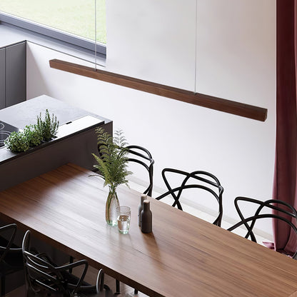 Linear Wooden Overhead Fixture Built-In LED Dining Room Kitchen Island Suspended Beam Natural Finish Adjustable Cables Contemporary Home Lig