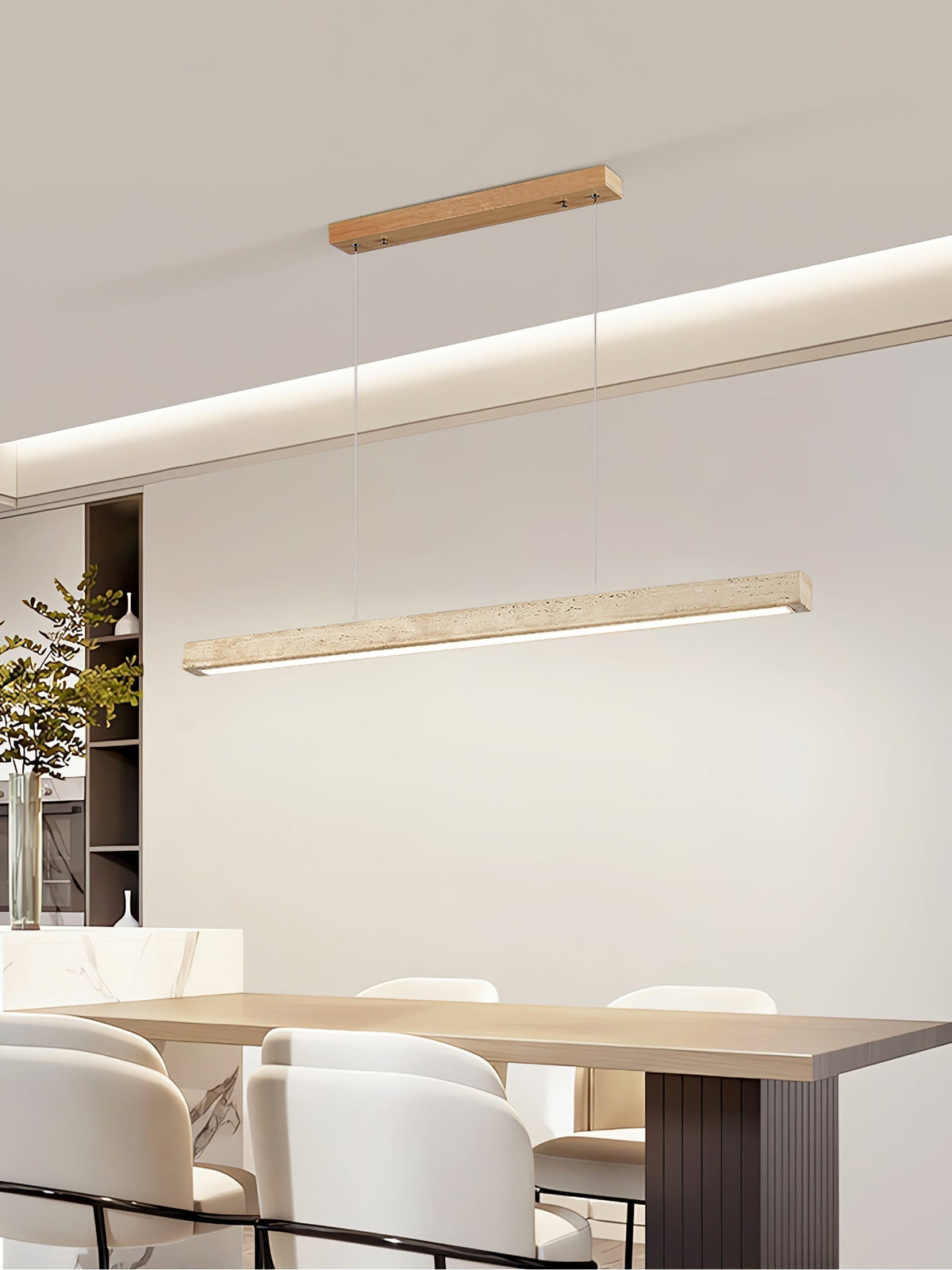 Linear Travertine Pendant Light with Integrated LED – Natural Stone Ceiling Fixture for Dining Room & Living Room – Dimmable Modern