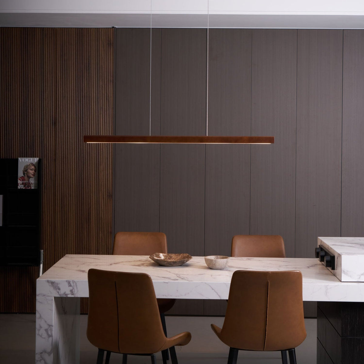 Linear Wooden Overhead Fixture Built-In LED Dining Room Kitchen Island Suspended Beam Natural Finish Adjustable Cables Contemporary Home Lig
