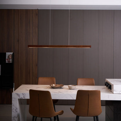 Linear Wooden Overhead Fixture Built-In LED Dining Room Kitchen Island Suspended Beam Natural Finish Adjustable Cables Contemporary Home Lig