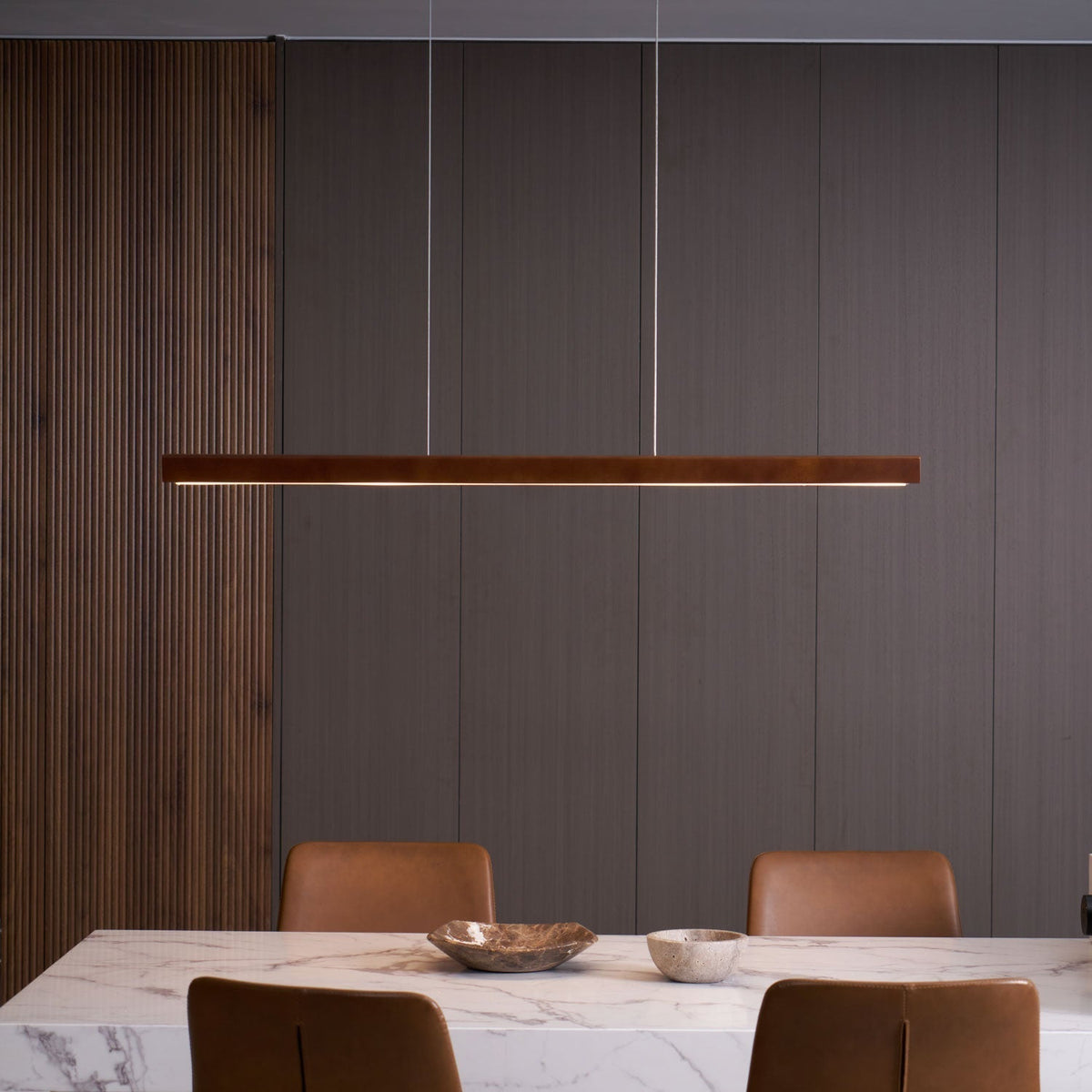 Linear Wooden Overhead Fixture Built-In LED Dining Room Kitchen Island Suspended Beam Natural Finish Adjustable Cables Contemporary Home Lig