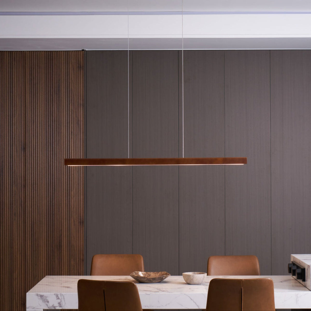 Linear Wooden Overhead Fixture Built-In LED Dining Room Kitchen Island Suspended Beam Natural Finish Adjustable Cables Contemporary Home Lig