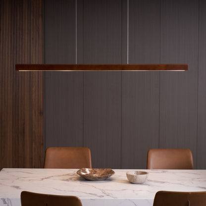 Linear Wooden Overhead Fixture Built-In LED Dining Room Kitchen Island Suspended Beam Natural Finish Adjustable Cables Contemporary Home Lig