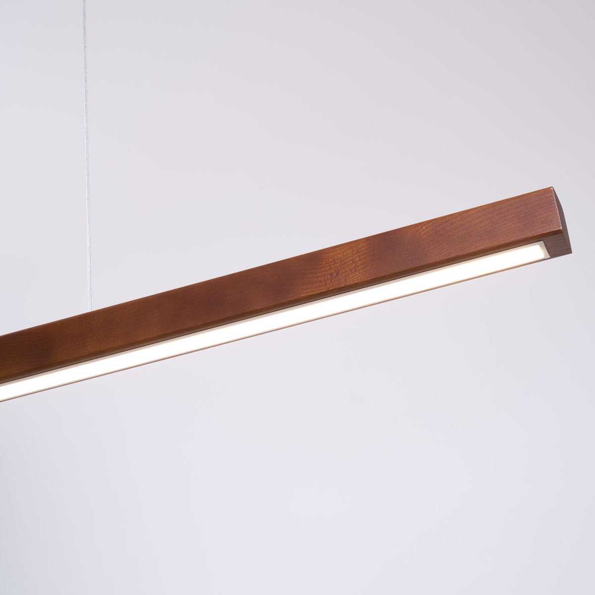 Linear Wooden Overhead Fixture Built-In LED Dining Room Kitchen Island Suspended Beam Natural Finish Adjustable Cables Contemporary Home Lig