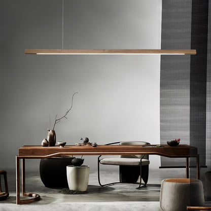 Linear Wooden Overhead Fixture Built-In LED Dining Room Kitchen Island Suspended Beam Natural Finish Adjustable Cables Contemporary Home Lig