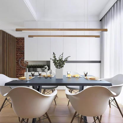 Linear Wooden Overhead Fixture Built-In LED Dining Room Kitchen Island Suspended Beam Natural Finish Adjustable Cables Contemporary Home Lig