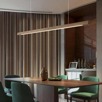Linear Wooden Overhead Fixture Built-In LED Dining Room Kitchen Island Suspended Beam Natural Finish Adjustable Cables Contemporary Home Lig