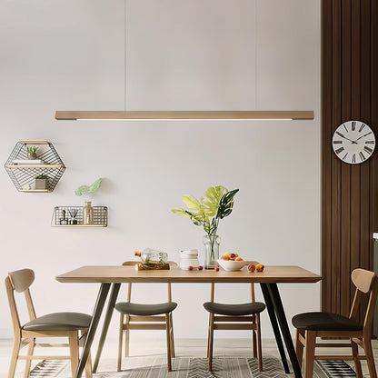 Linear Wooden Overhead Fixture Built-In LED Dining Room Kitchen Island Suspended Beam Natural Finish Adjustable Cables Contemporary Home Lig