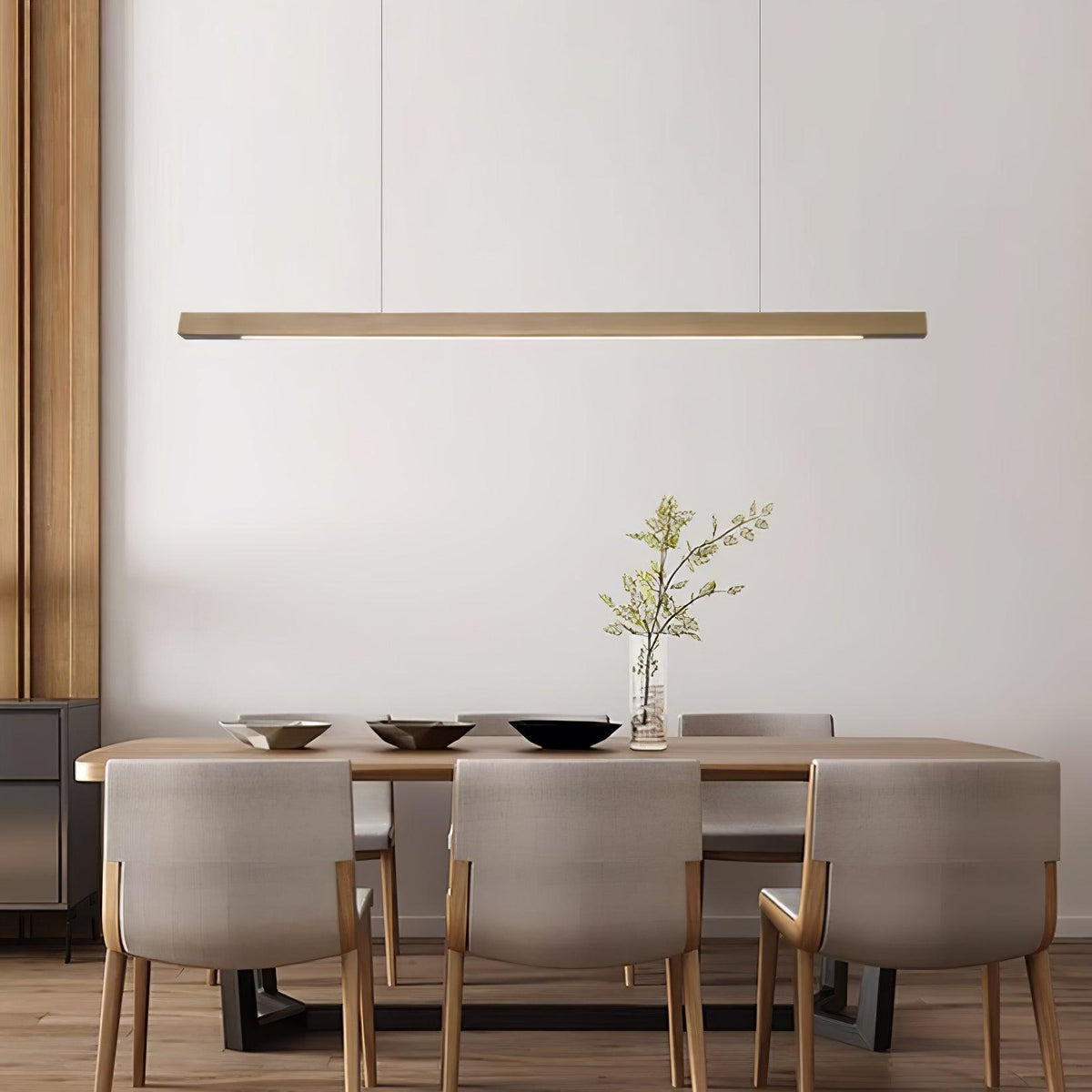 Linear Wooden Overhead Fixture Built-In LED Dining Room Kitchen Island Suspended Beam Natural Finish Adjustable Cables Contemporary Home Lig