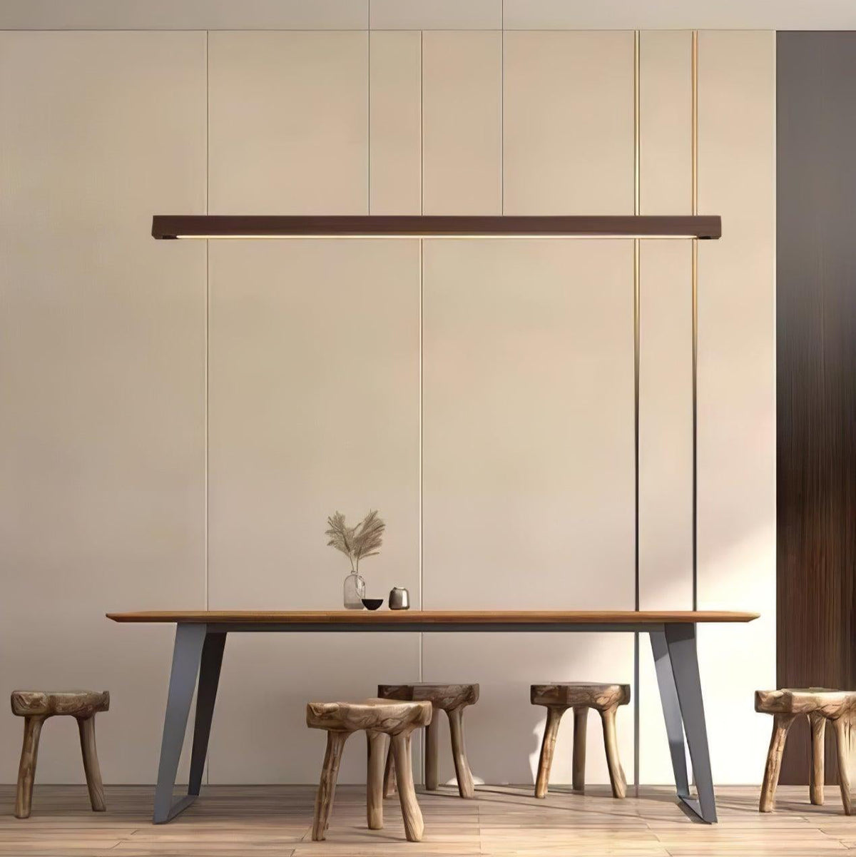 Linear Wooden Overhead Fixture Built-In LED Dining Room Kitchen Island Suspended Beam Natural Finish Adjustable Cables Contemporary Home Lig