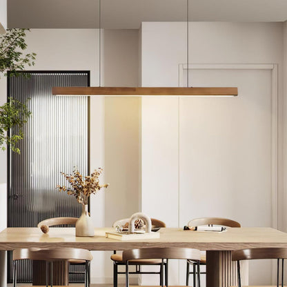 Linear Wooden Overhead Fixture Built-In LED Dining Room Kitchen Island Suspended Beam Natural Finish Adjustable Cables Contemporary Home Lig