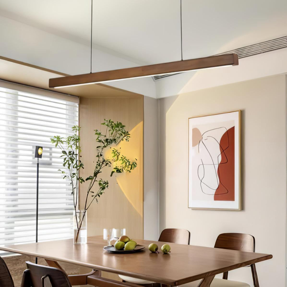 Linear Wooden Overhead Fixture Built-In LED Dining Room Kitchen Island Suspended Beam Natural Finish Adjustable Cables Contemporary Home Lig