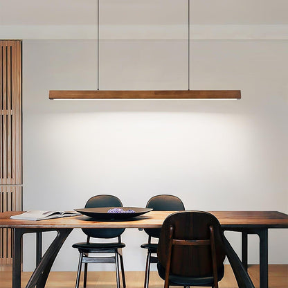 Linear Wooden Overhead Fixture Built-In LED Dining Room Kitchen Island Suspended Beam Natural Finish Adjustable Cables Contemporary Home Lig