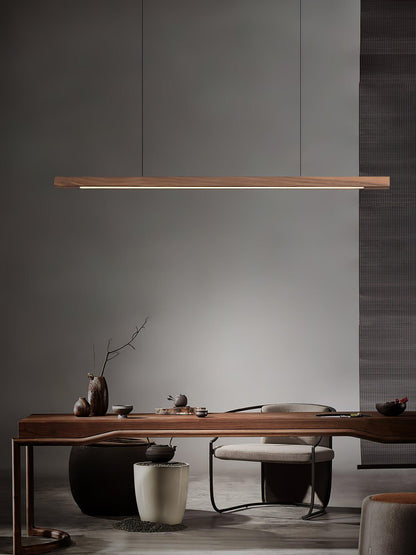 Linear Wooden Overhead Fixture Built-In LED Dining Room Kitchen Island Suspended Beam Natural Finish Adjustable Cables Contemporary Home Lig