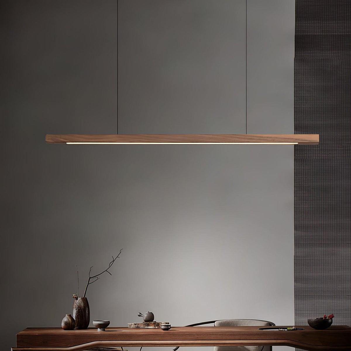 Linear Wooden Overhead Fixture Built-In LED Dining Room Kitchen Island Suspended Beam Natural Finish Adjustable Cables Contemporary Home Lig