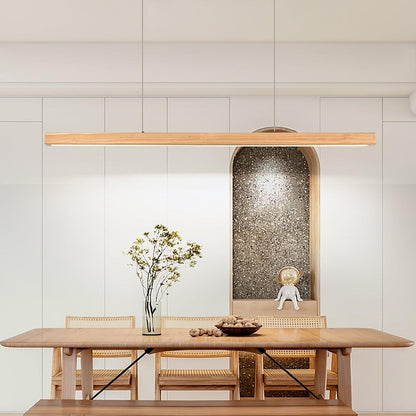 Linear Wooden Overhead Fixture Built-In LED Dining Room Kitchen Island Suspended Beam Natural Finish Adjustable Cables Contemporary Home Lig