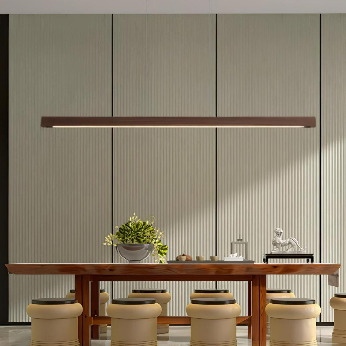 Linear Wooden Overhead Fixture Built-In LED Dining Room Kitchen Island Suspended Beam Natural Finish Adjustable Cables Contemporary Home Lig
