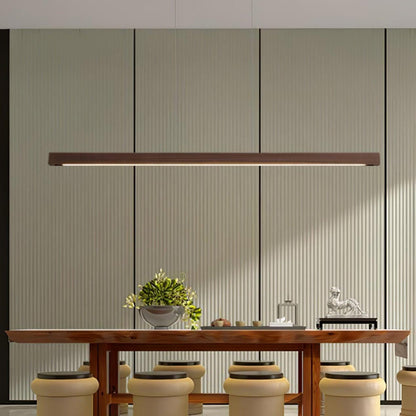 Linear Wooden Overhead Fixture Built-In LED Dining Room Kitchen Island Suspended Beam Natural Finish Adjustable Cables Contemporary Home Lig