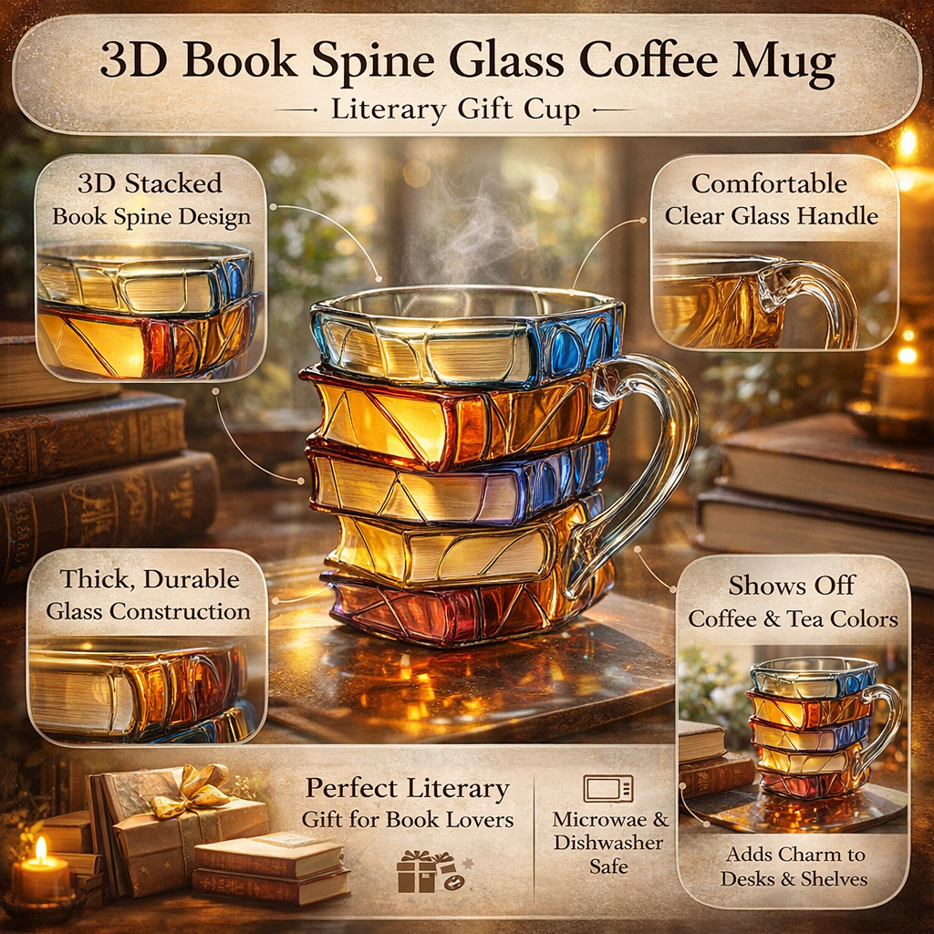 Stacked Book Coffee Mug Glass 12 oz Clear | 3D Spine Literary Drinkware for Reading Fans Teachers Students | Microwave & Dishwasher Safe