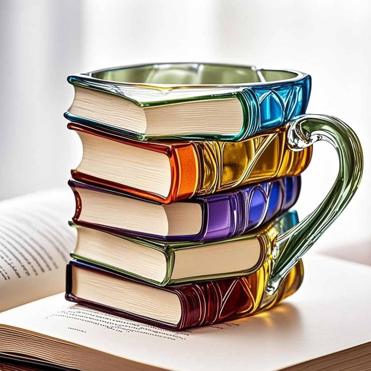 Stacked Book Coffee Mug Glass 12 oz Clear | 3D Spine Literary Drinkware for Reading Fans Teachers Students | Microwave & Dishwasher Safe