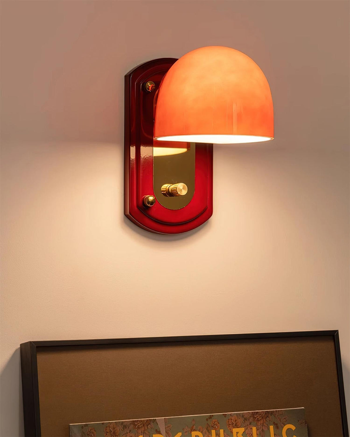 Dome Sconce Hardwired Fixture 8 Inch Red & Gold Finish Metal Shade for Hallway Bedroom Living Room Indoor Accent Lighting E26 Base