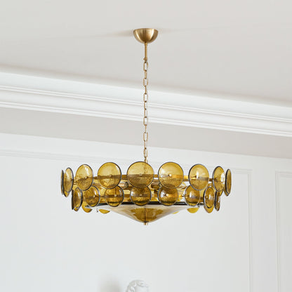 Tiered Glass Disc Pendant Light for Dining Room – Amber Circular Shade Ceiling Fixture – Adjustable Hanging Lamp for Kitchen Island Living R